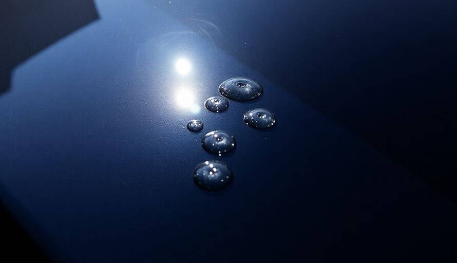 Glanzende autolak met keramische coating en waterparels die afrollen.
